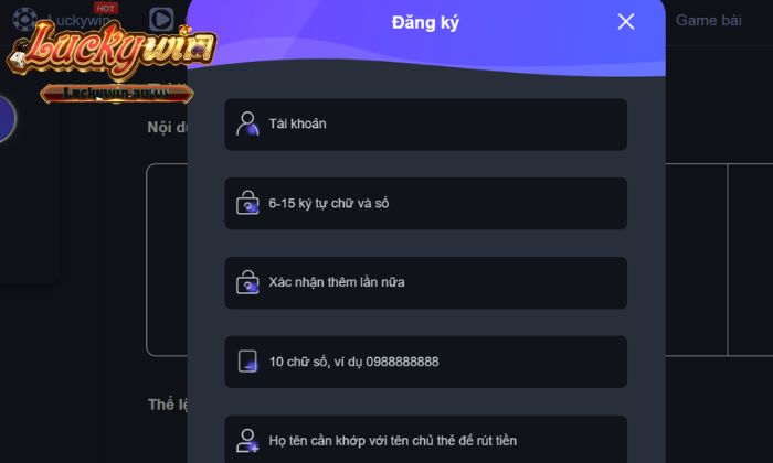 Vào mục “đăng ký” để tạo tài khoản Luckywin mới